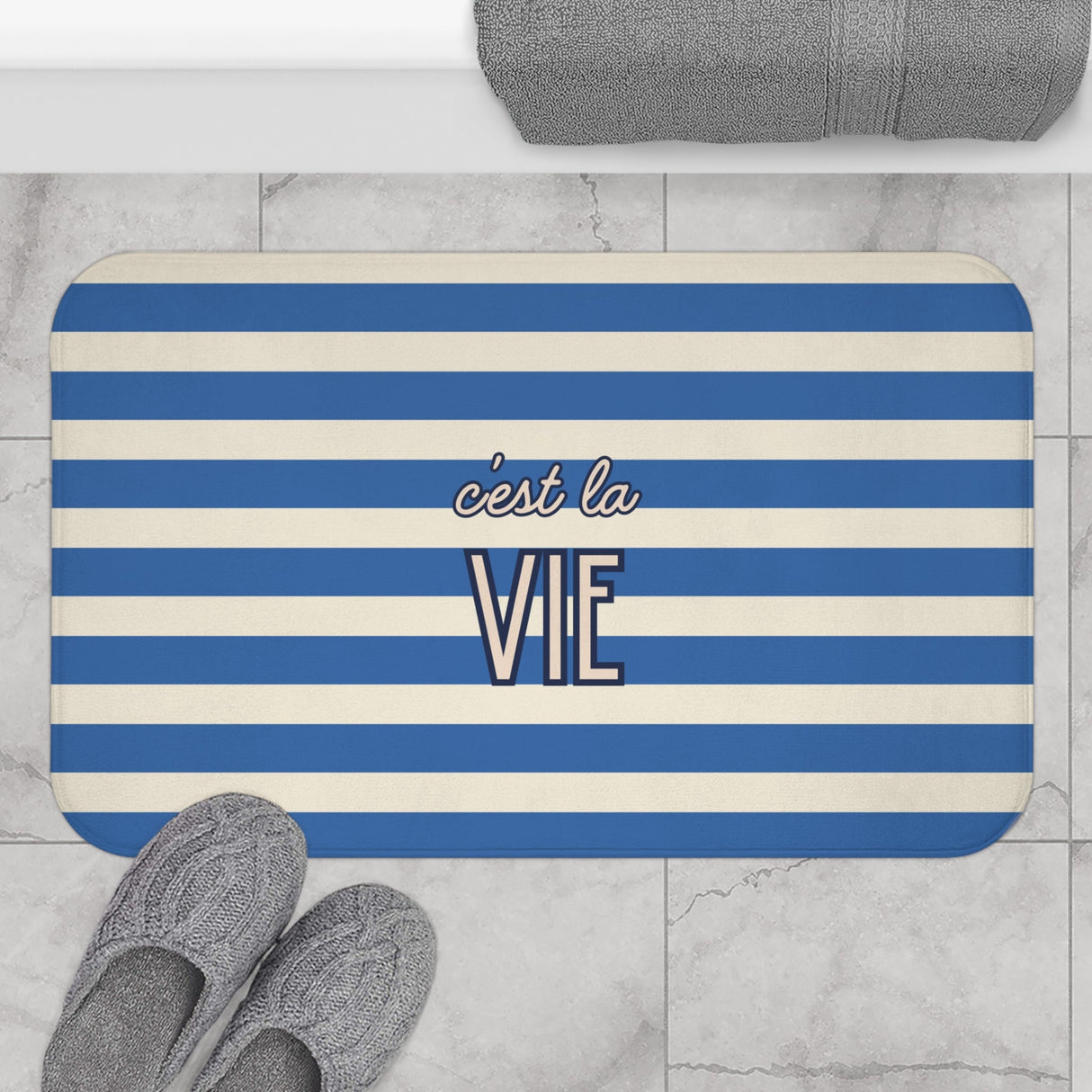C'est la Vie Blue Striped Bath Mat — Nautical French Bathroom Rug