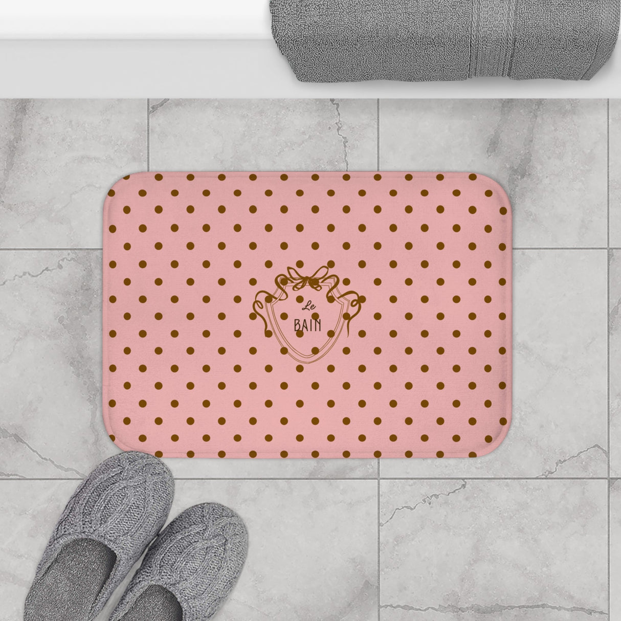 Polka Dot "Le Bain" Bath Mat — Pink & Brown Bathroom Rug