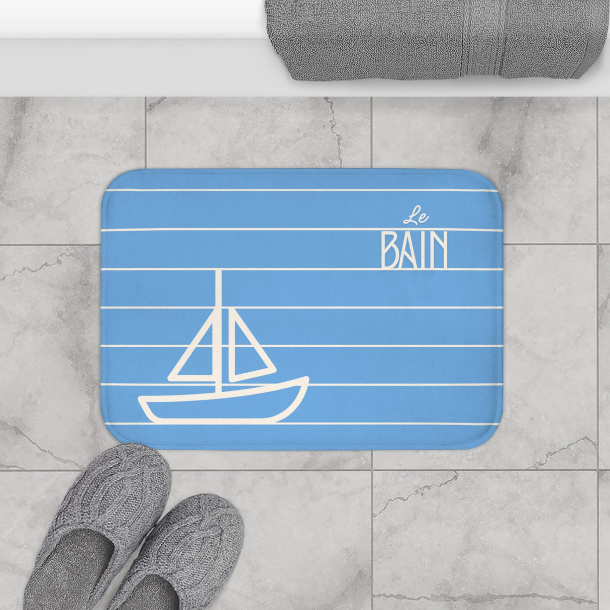 Nautical Baby Blue “Le Bain” Bath Mat