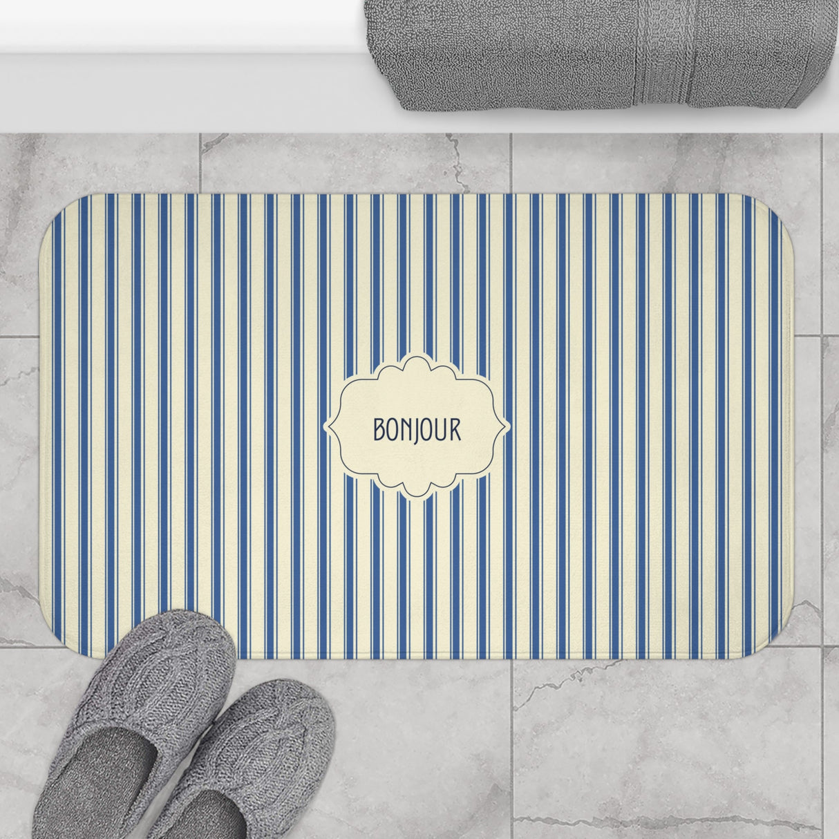 Bonjour French blue Stripe Bath Mat