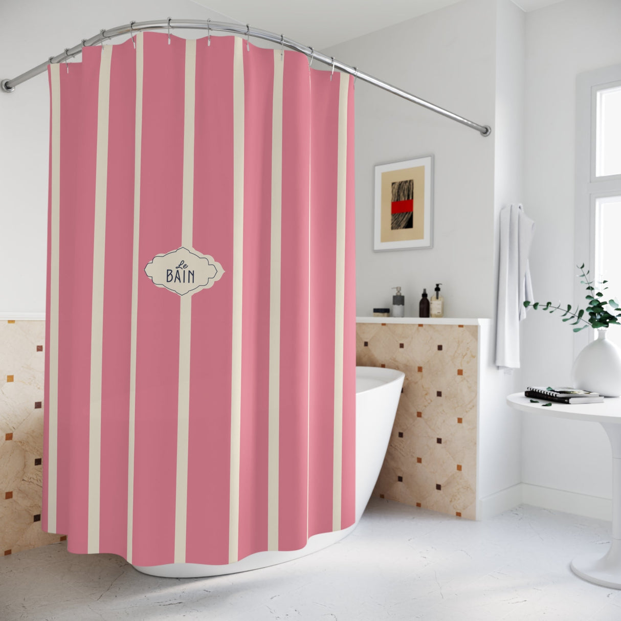 Shower Curtain — Pink Striped French 'Le Bain' Bathroom Decor