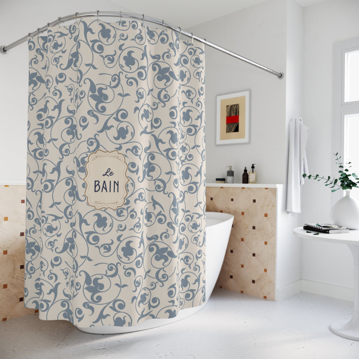 French 'Le Bain' Elegant Floral Shower Curtain | Neutral Beige Vintage Bath