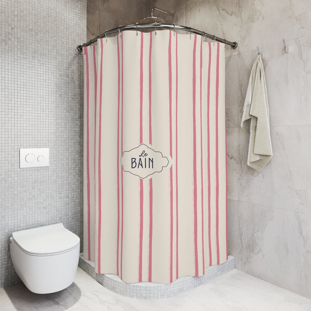 Shower Curtain — Pink Striped French 'Le Bain' Bathroom Decor