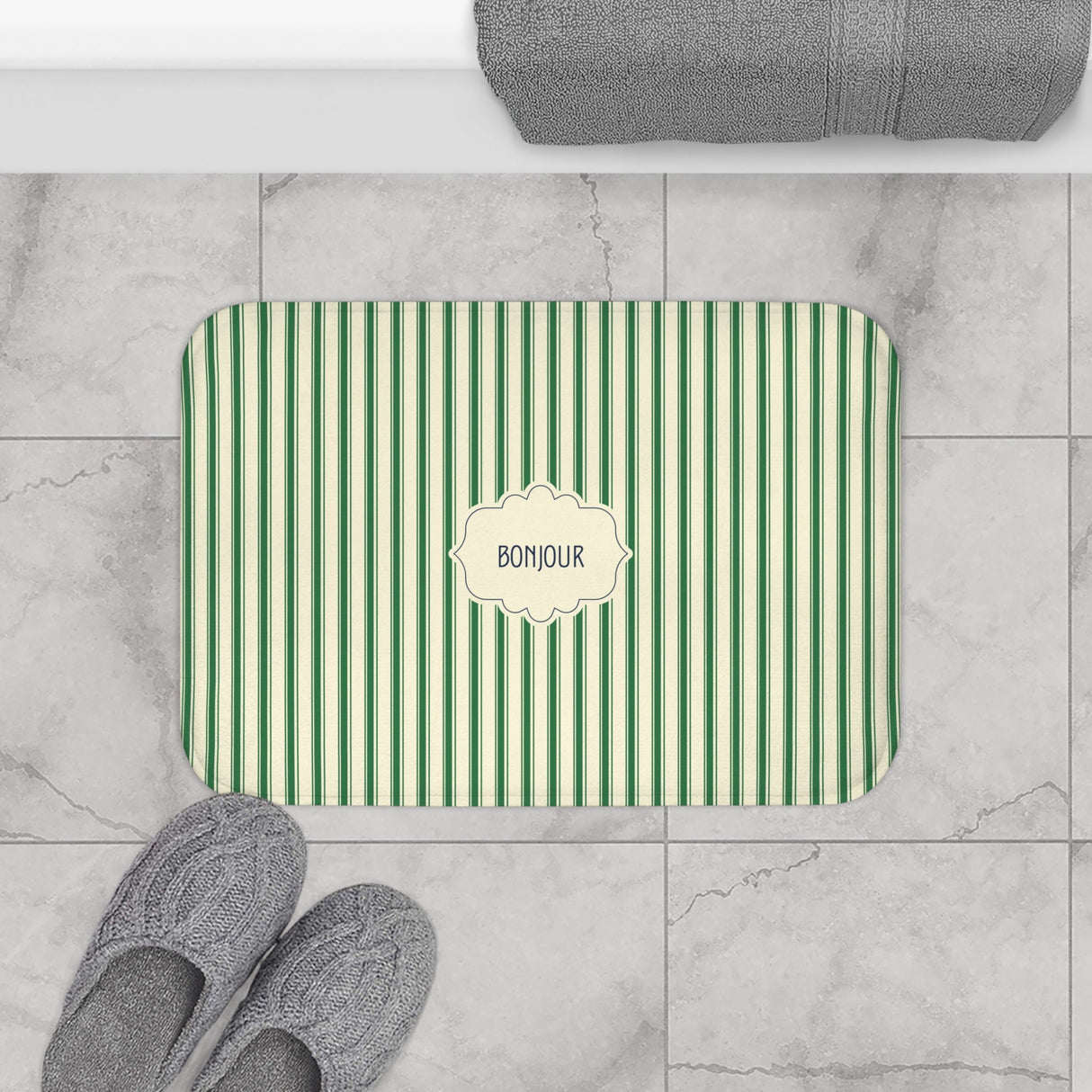Bonjour GREEN Stripe Bath Mat — Vintage French Bathroom Rug