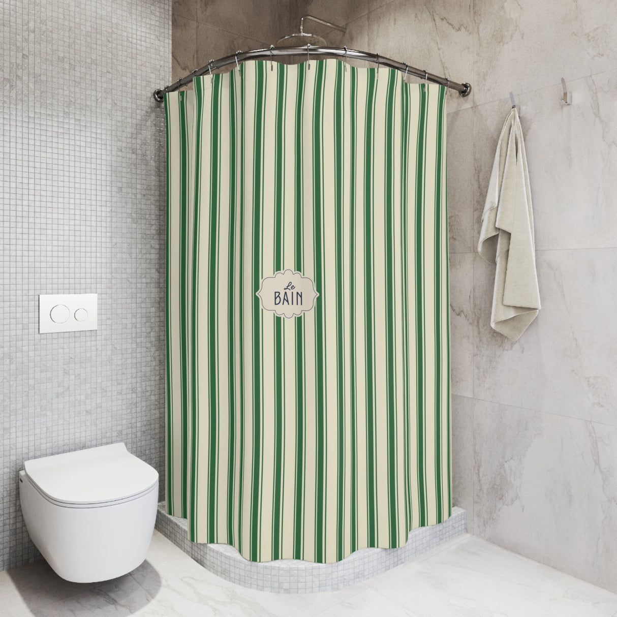 Le Bain Green Striped Shower Curtain | Vintage French Bathroom