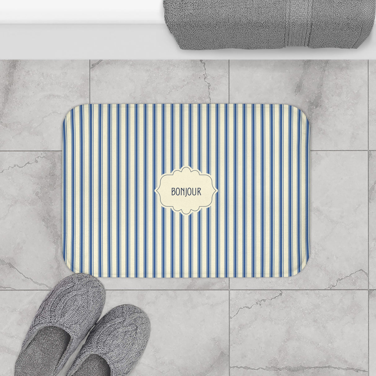 Bonjour French blue Stripe Bath Mat