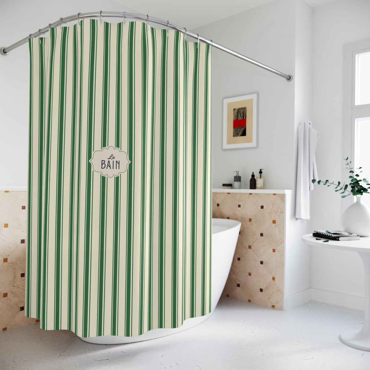 Le Bain Green Striped Shower Curtain | Vintage French Bathroom
