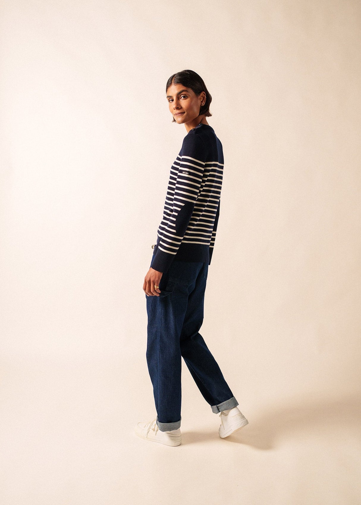 Saint James BREGANCON - Breton Striped Sweater with Jacquard Elbow Patch for Women (NAVY / IVORY)