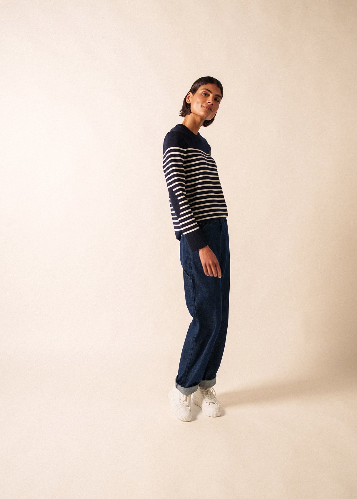 Saint James BREGANCON - Breton Striped Sweater with Jacquard Elbow Patch for Women (NAVY / IVORY)