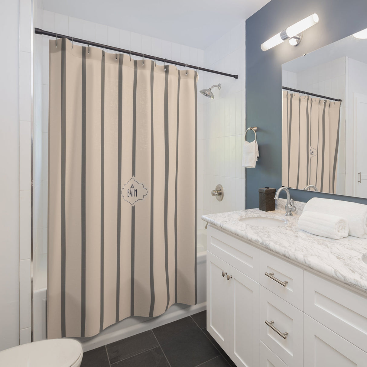 Shower Curtain — Grey Striped French 'Le Bain' Bathroom Decor