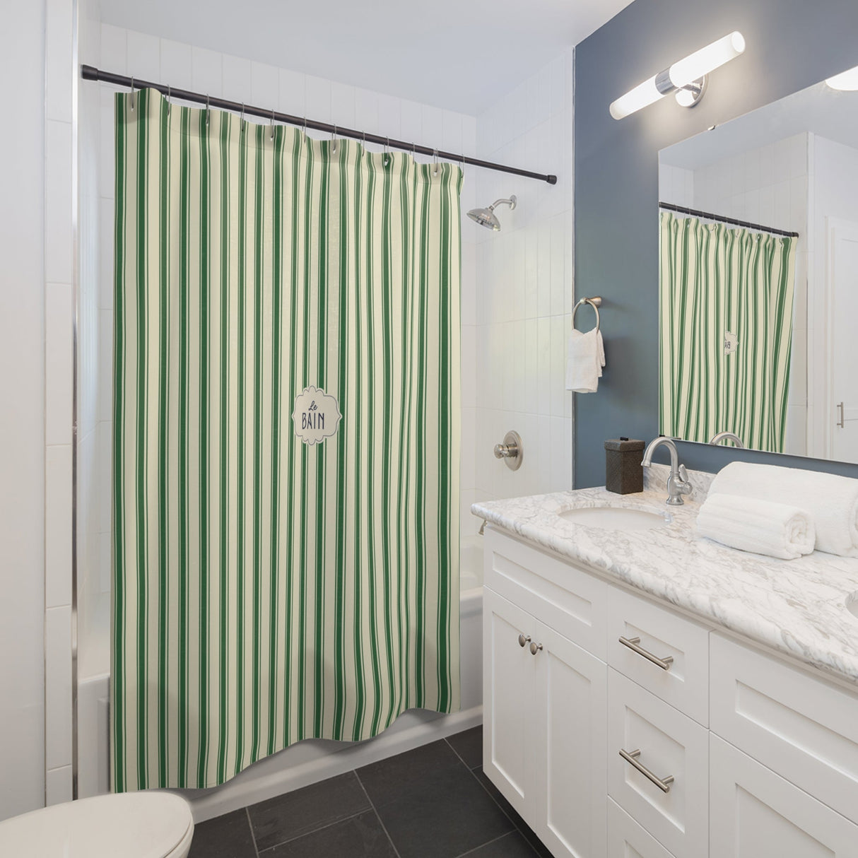 Le Bain Green Striped Shower Curtain | Vintage French Bathroom