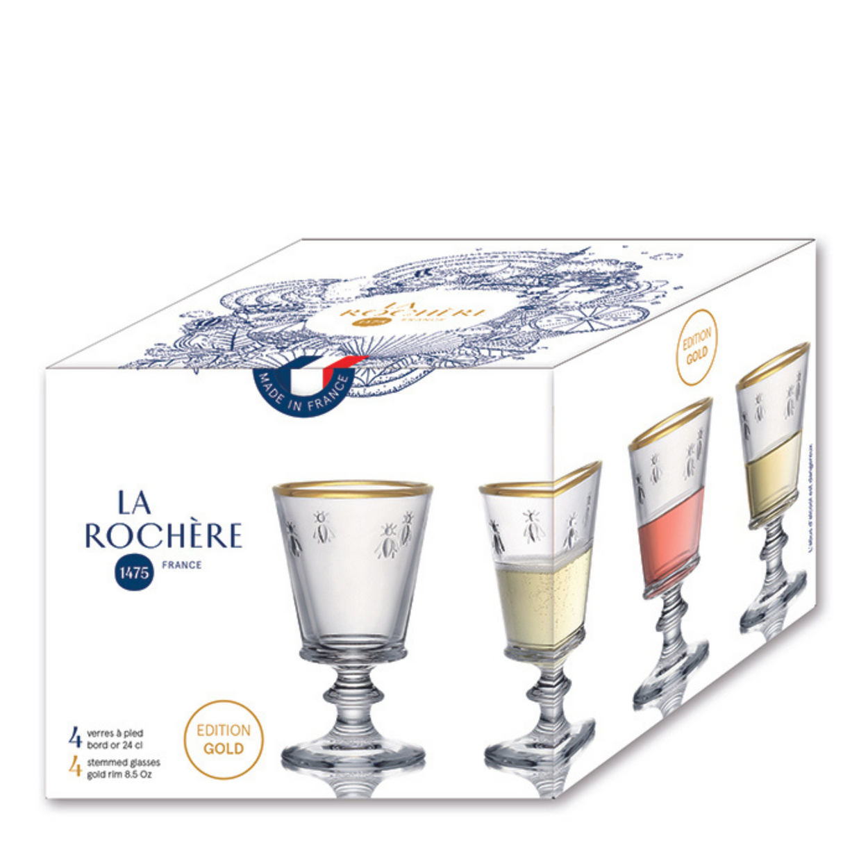 Gold-Rim Bee Wine Glasses — Set of 4