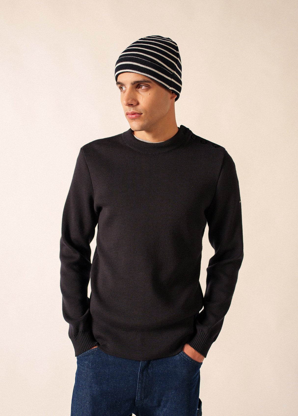 Saint James CARTIER - Nautical Striped Wool Blend Beanie (NAVY / IVORY)