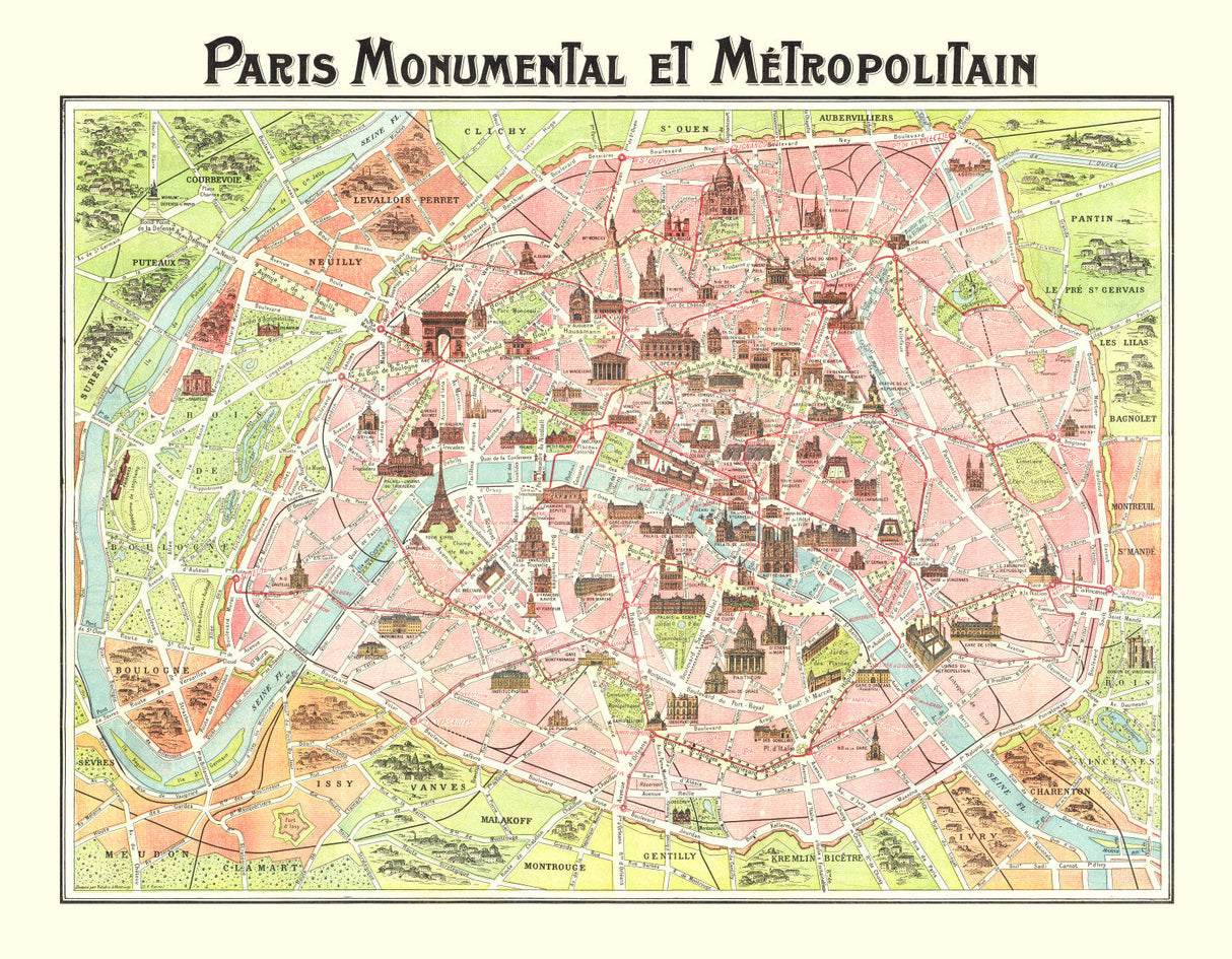 Vintage Map of Paris, France 1911