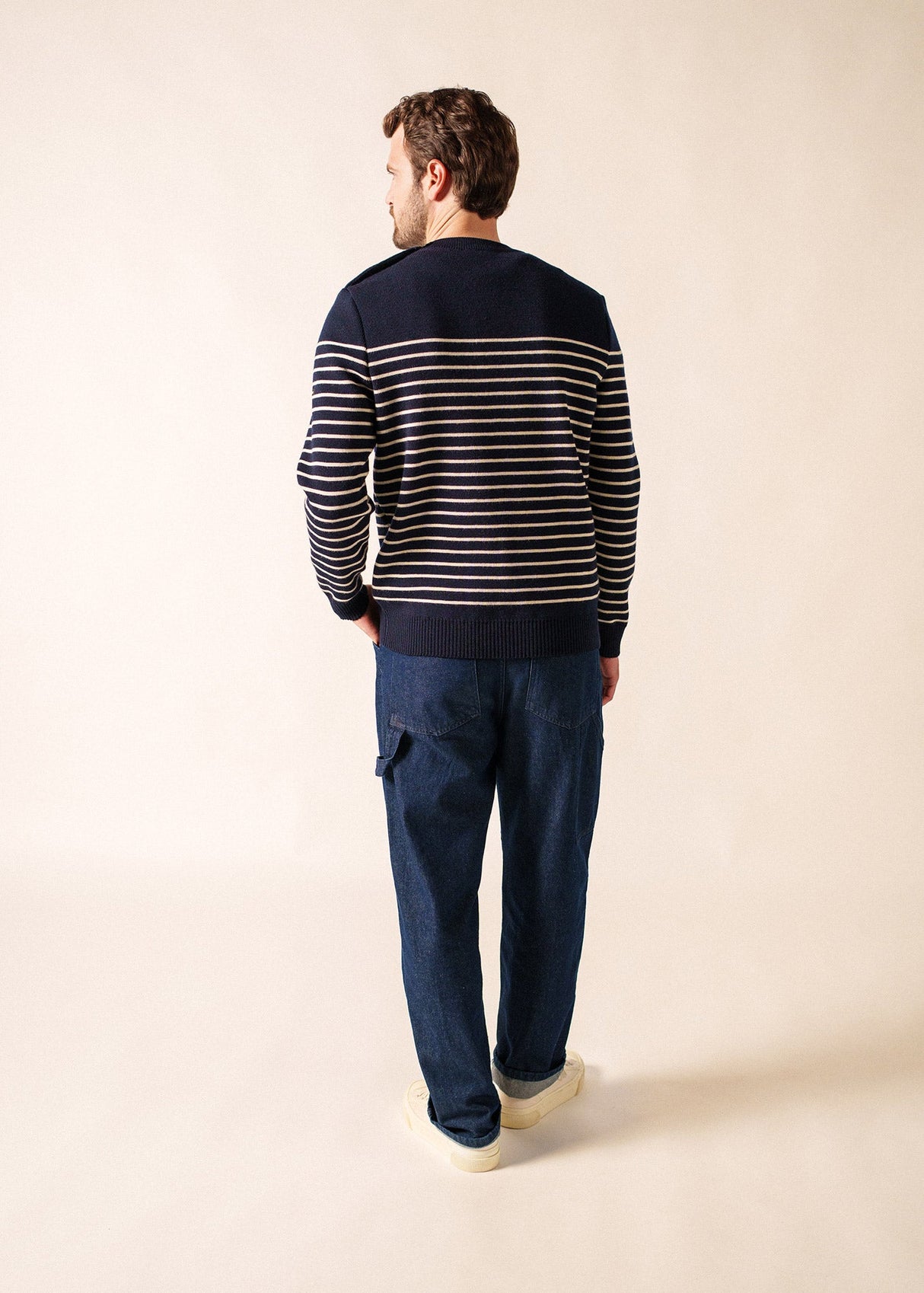 Saint James BINIC - Authentic Striped Fisherman Sweater With Shoulder Buttons in Wool | Loose Fit (NAVY / ECRU)