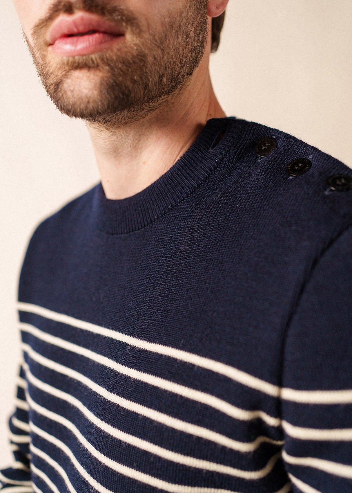 Saint James BINIC - Authentic Striped Fisherman Sweater With Shoulder Buttons in Wool | Loose Fit (NAVY / ECRU)