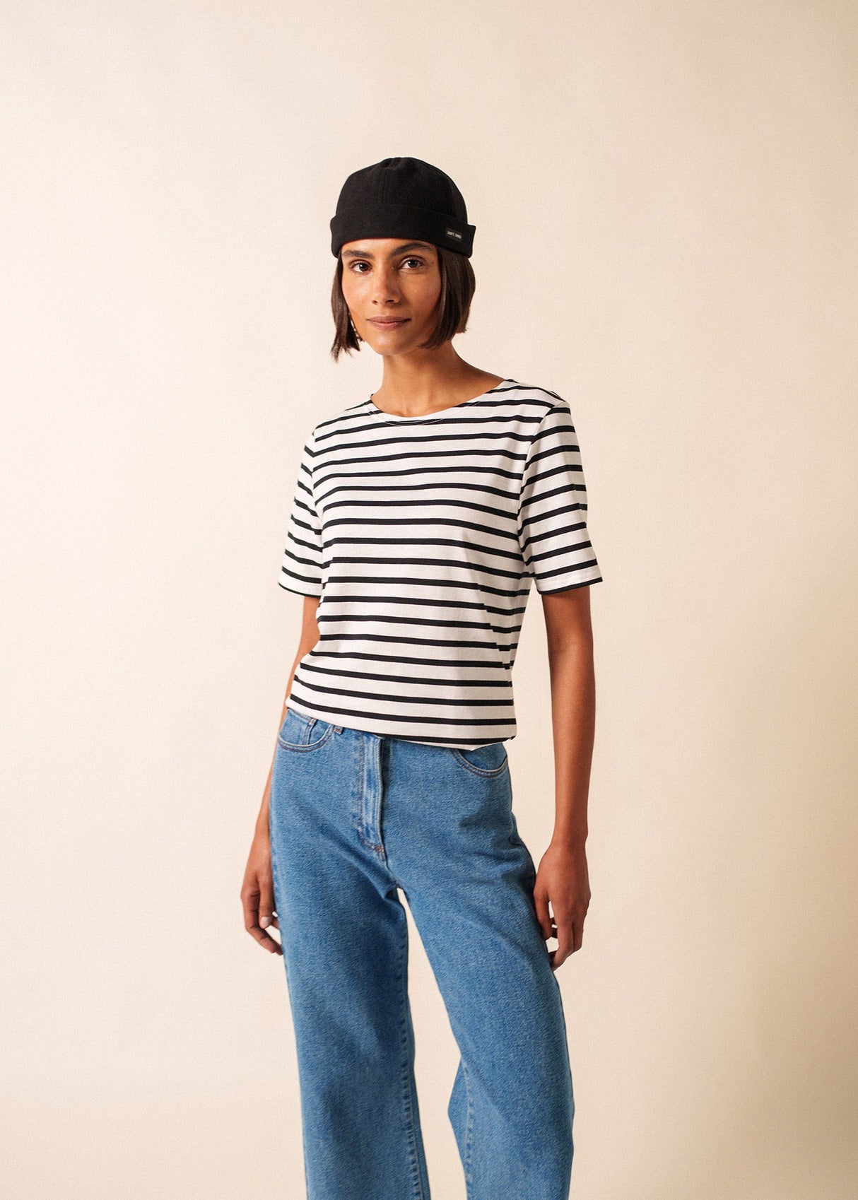 LEVANT MODERN - Breton Stripe Short Sleeve Shirt | Soft Cotton | Unisex Fit (WHITE / BLACK)