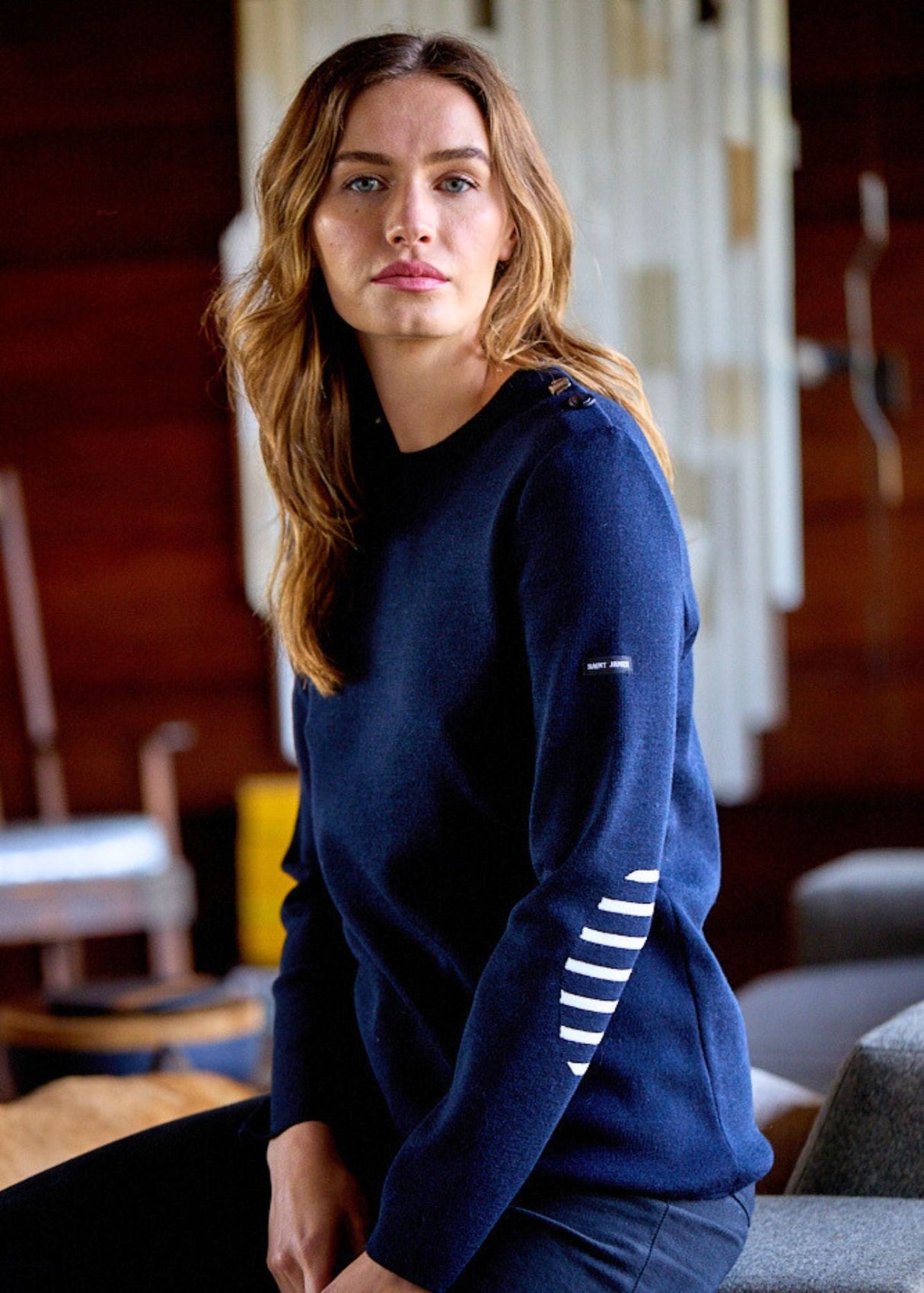 Saint James BREGANCON - Breton Sweater with Jacquard Elbow Patch for Women (NAVY)