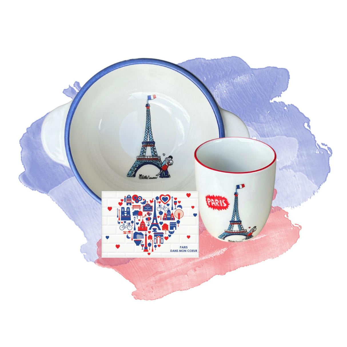 Ceramic set with Eiffel Tower design on a colorful watercolor background