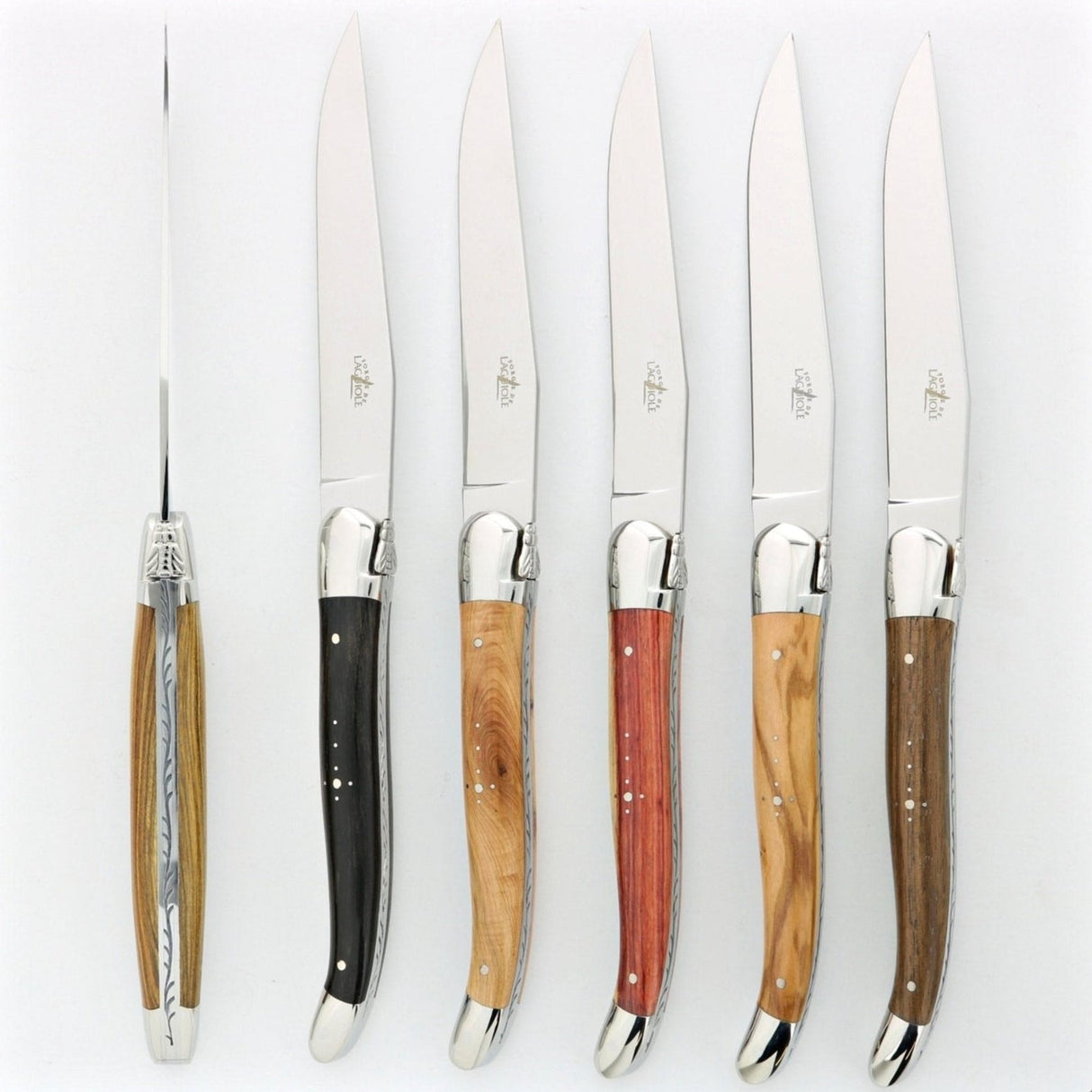 Forge de Laguiole 6 Piece Steak Knife Set Assorted Wood Handle Shiny Finish
