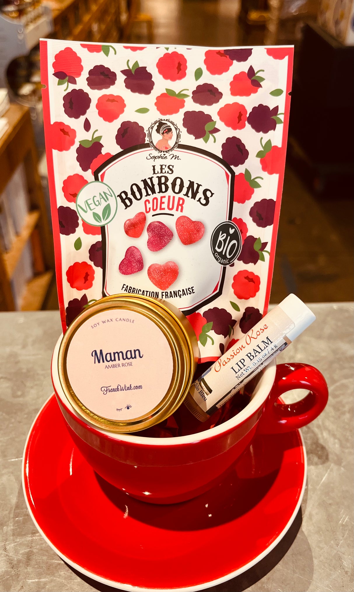 Mother’s Day Mug Gift – French Bistro Cup with Vegan Candies & Candle