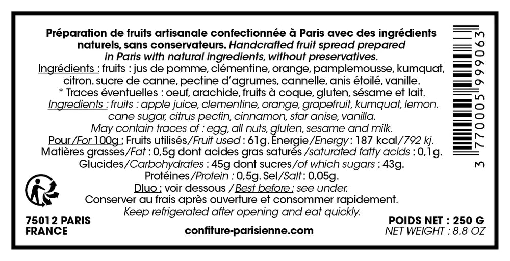 4 Citrus Fruits Gourmet Jam with Cinnamon & Vanilla by Confiture Parisienne