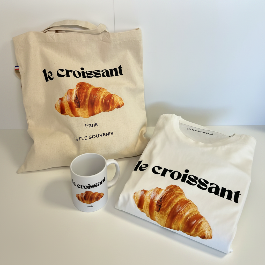 Tote bag, mug, and napkin with 'le croissant' design on a white surface.