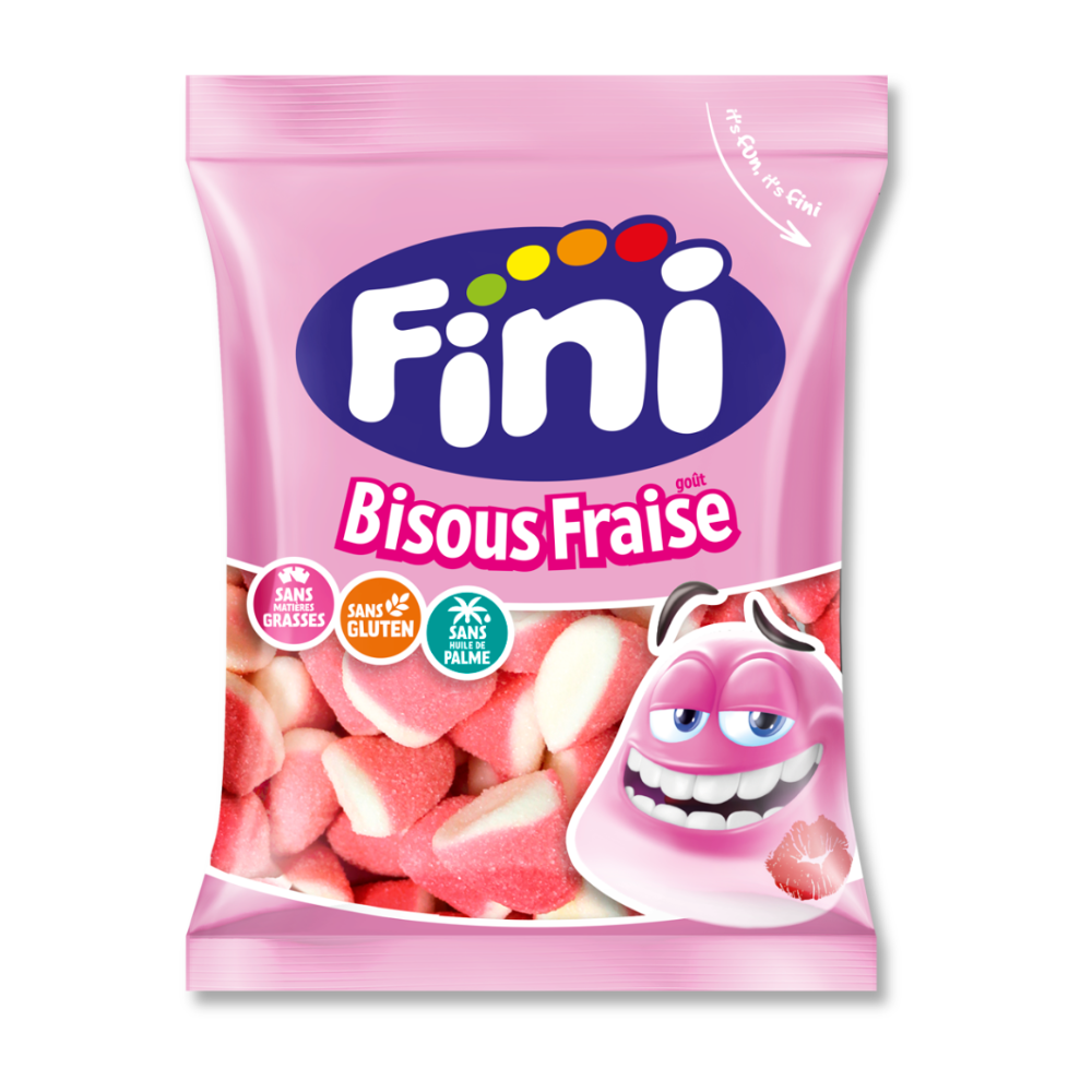 Pink package of Fini Bisous Fraise candy with colorful logo and character illustration.