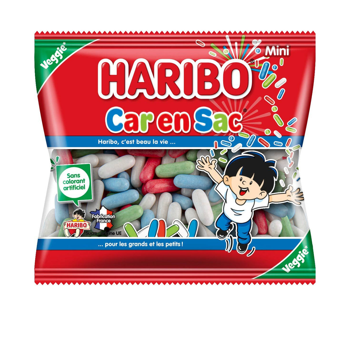 Haribo Car en Sac candy package with colorful candies and cartoon character on a white background