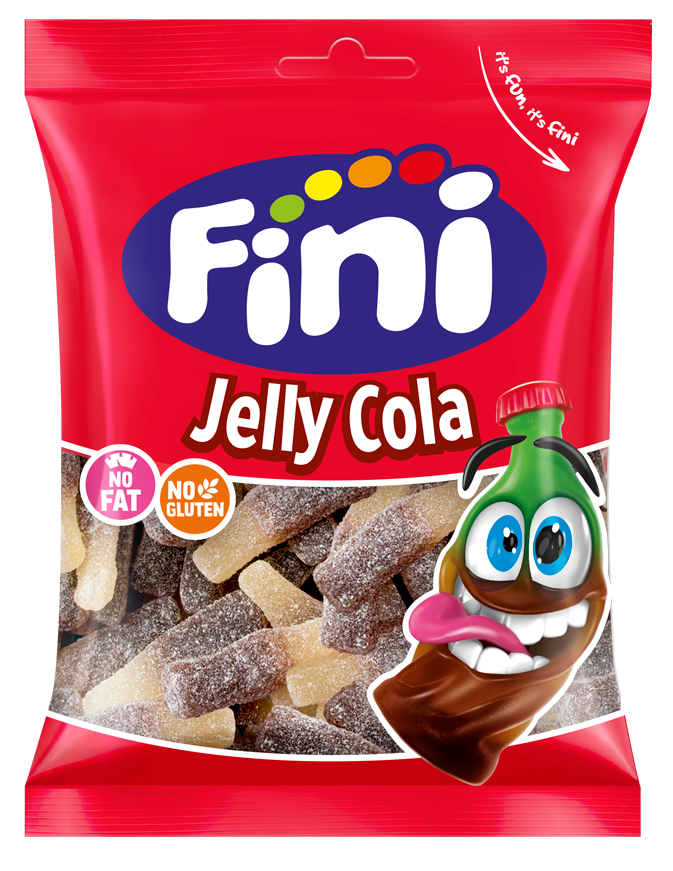 Fini Jelly Cola packaging with a cartoon character on a red background