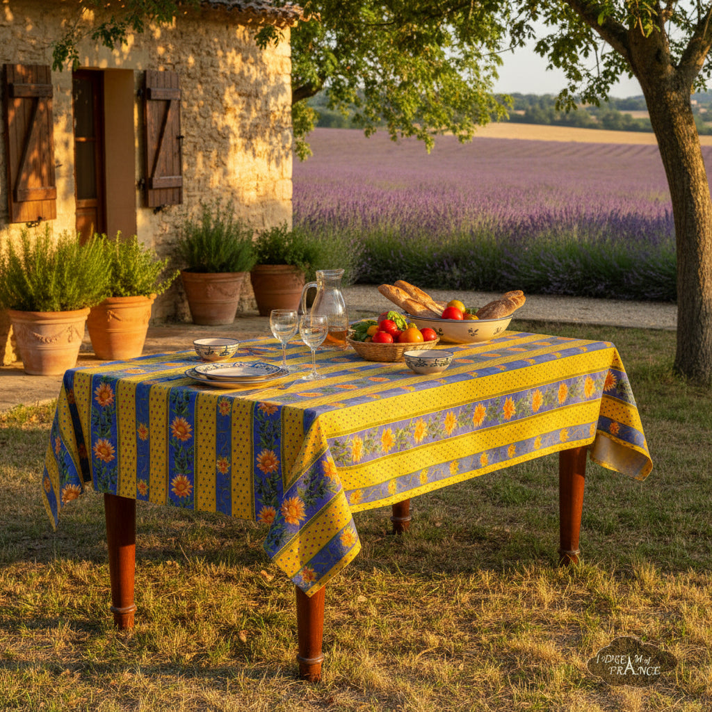 58" Square Sunflower Blue Acrylic-Coated Cotton Provence Tablecloth by Le Cluny