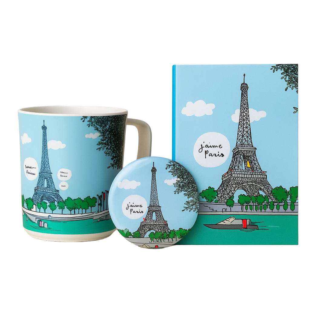 Mug, magnet, and notebook with Eiffel Tower design on a light background