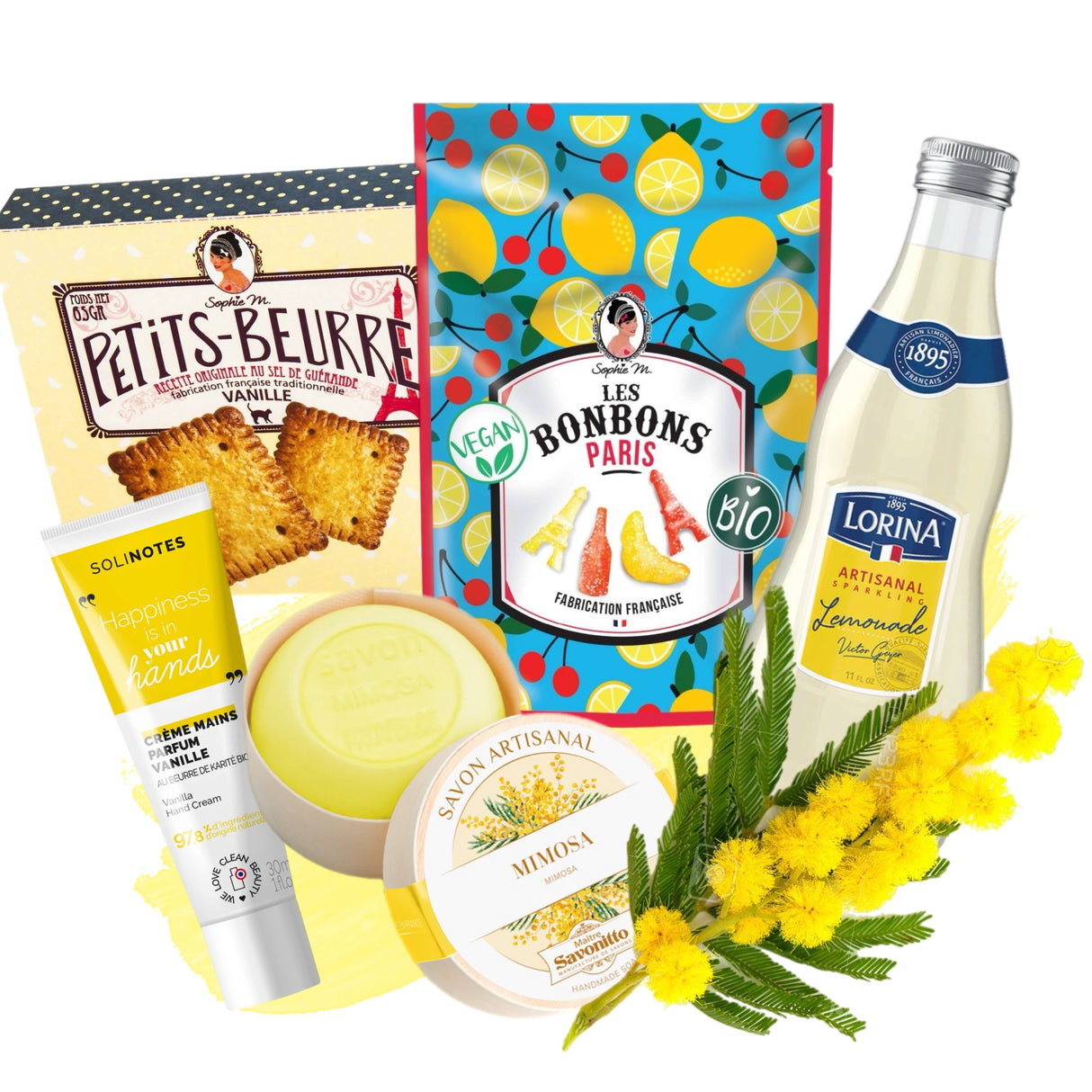A collection of French gourmet treats and luxury self-care products including biscuits, sparkling lemonade, mimosa soap, vanilla hand cream, and organic candies, presented with spring flowers and a 'Petits Beurre' packaging backdrop.