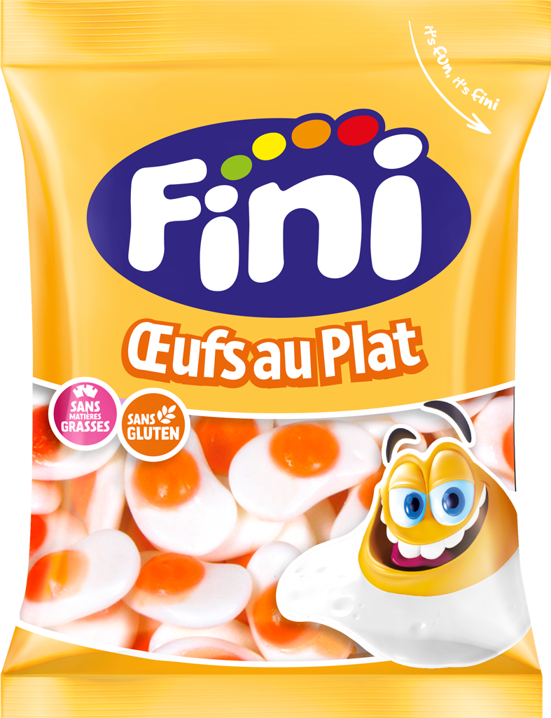 Fini oeufs au Plat candy package with cartoon egg character on yellow background