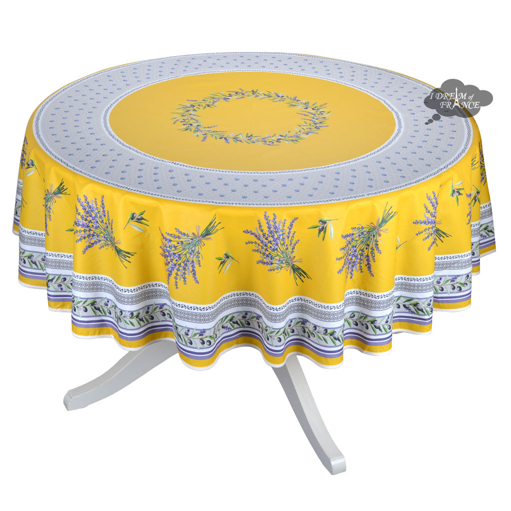 70" Round Lauris Yellow Acrylic-Coated Cotton Tablecloth by Tissus Toselli