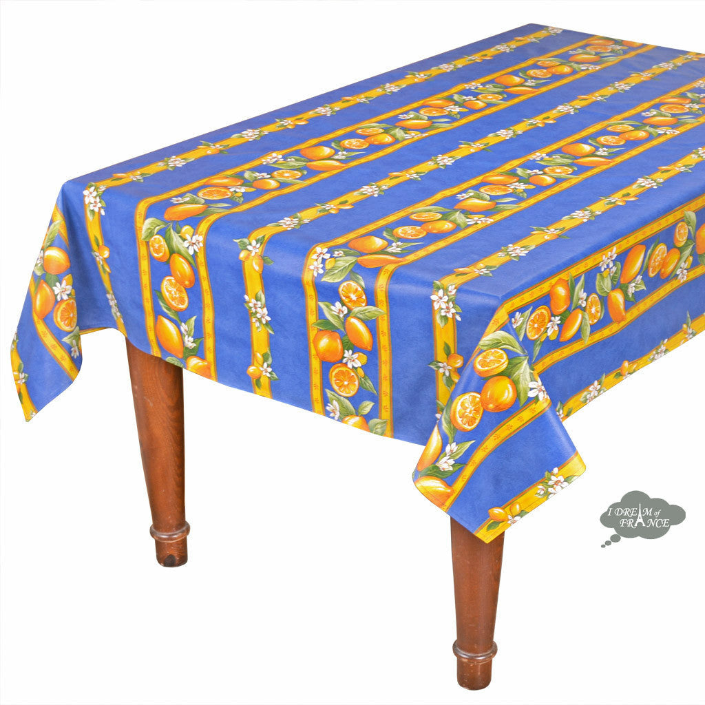 58" Square Lemons Blue Acrylic-Coated Cotton Tablecloth by Tissus Toselli