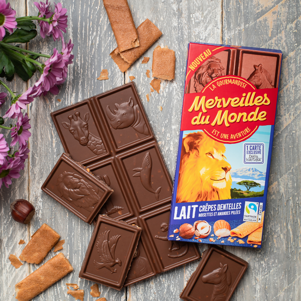 Merveilles du Monde Milk chocolate with crispy crepes, hazelnuts and almonds