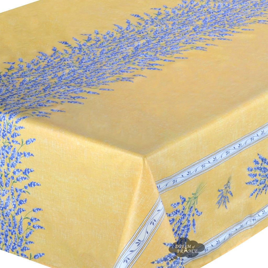 60x138" Rectangular Valensole Yellow Double Border Acrylic-Coated Cotton Tablecloth by Label France