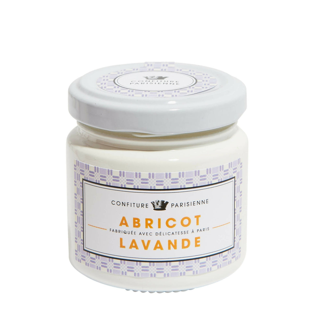 Jar of Confiture Parisienne with 'Abricot Lavande' label on a white background
