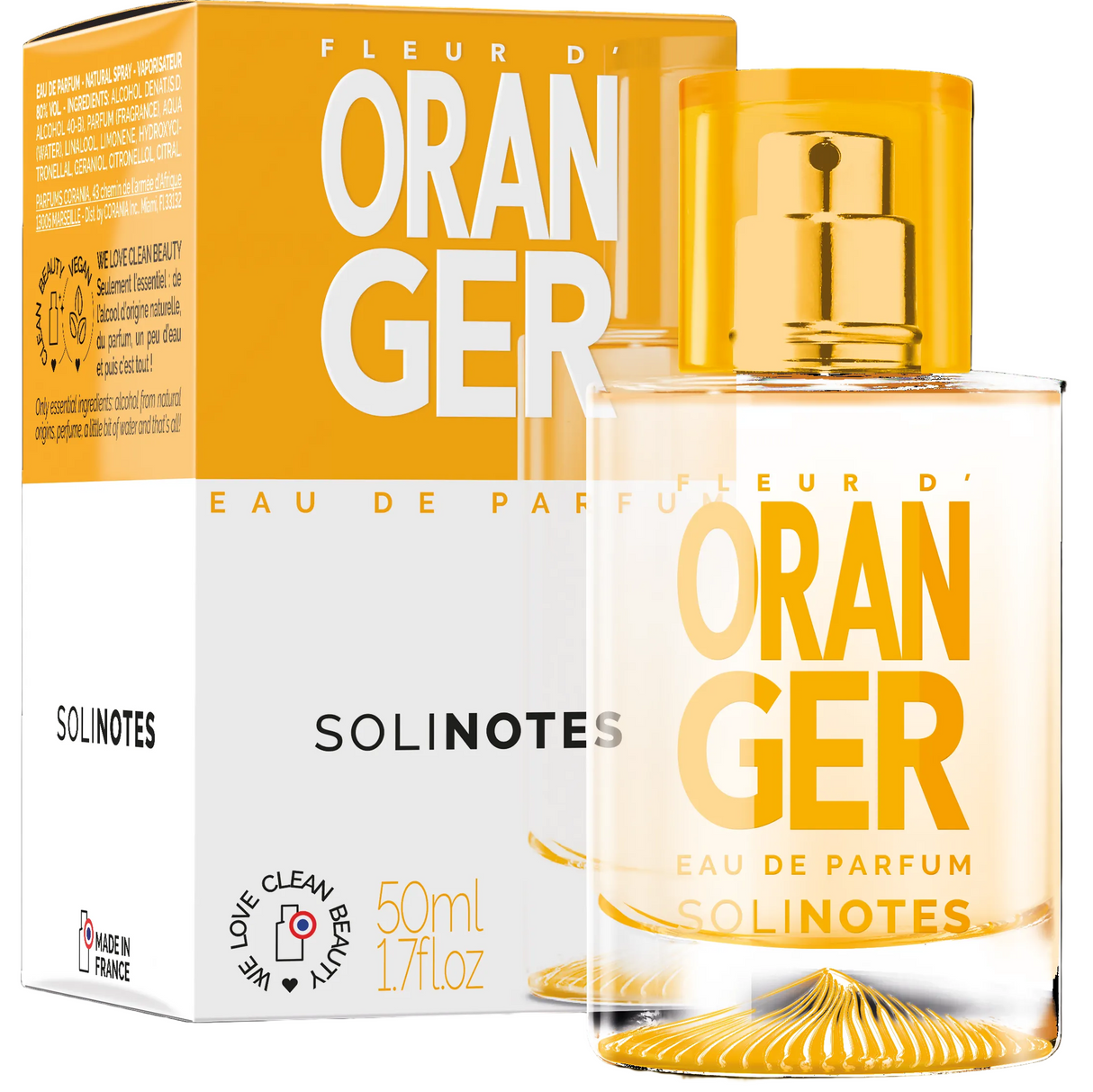 Oranger perfume bottle and packaging on a white background