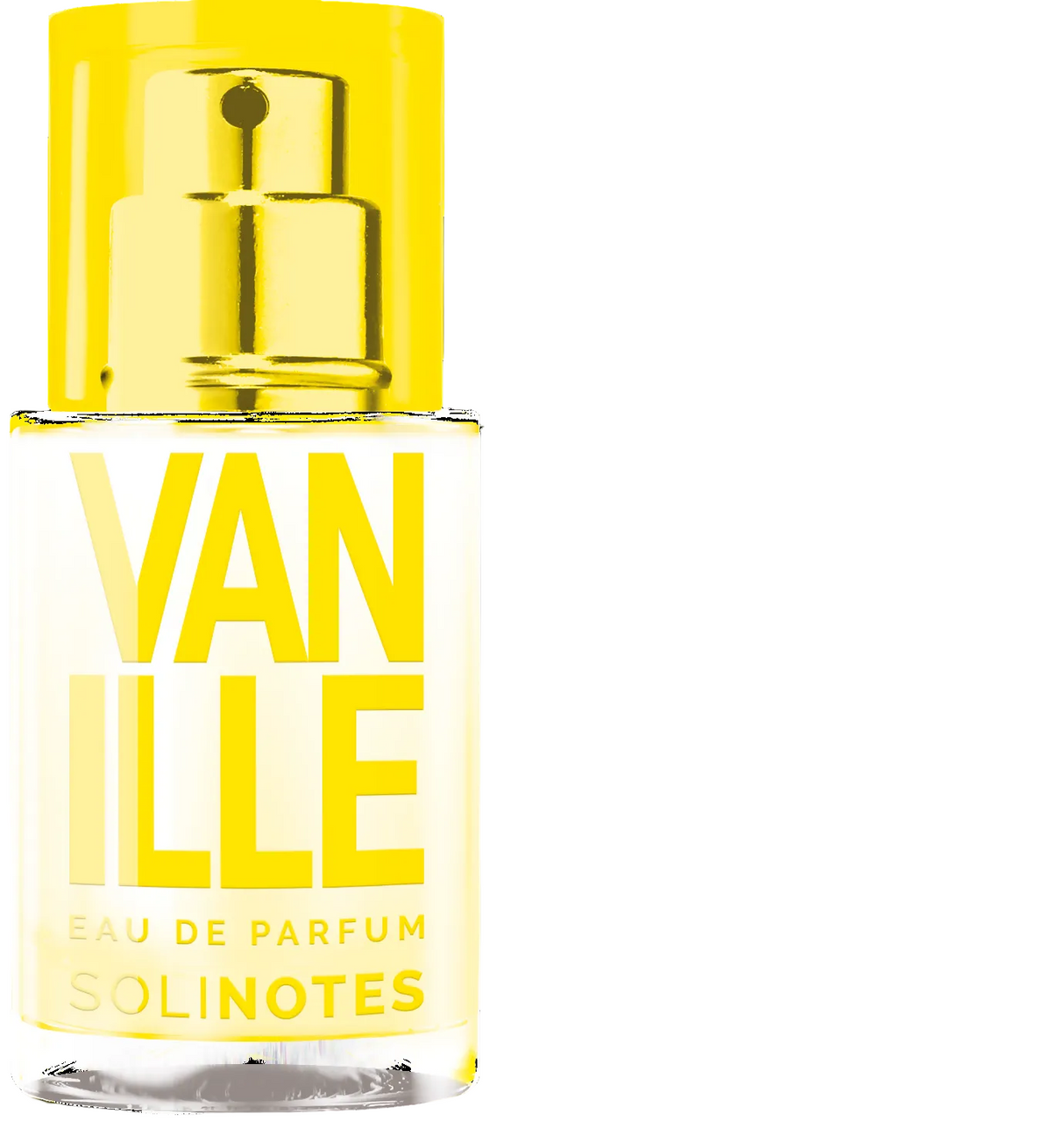 Vanille Eau de Parfum bottle with yellow cap and label on a white background