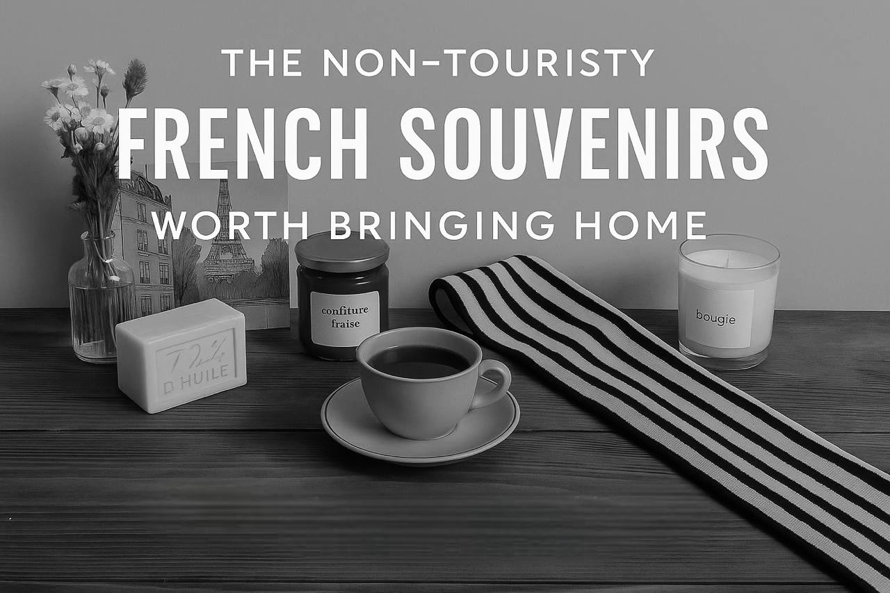 French souvenir gift ideas displayed on a wooden table, including a striped shirt, candle, soap, coffee cup, flowers, and jam