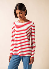 Saint James MINQUIDAME - Breton Striped Shirt with Long Sleeve | Soft Cotton | Women Fit (WHITE / RED)