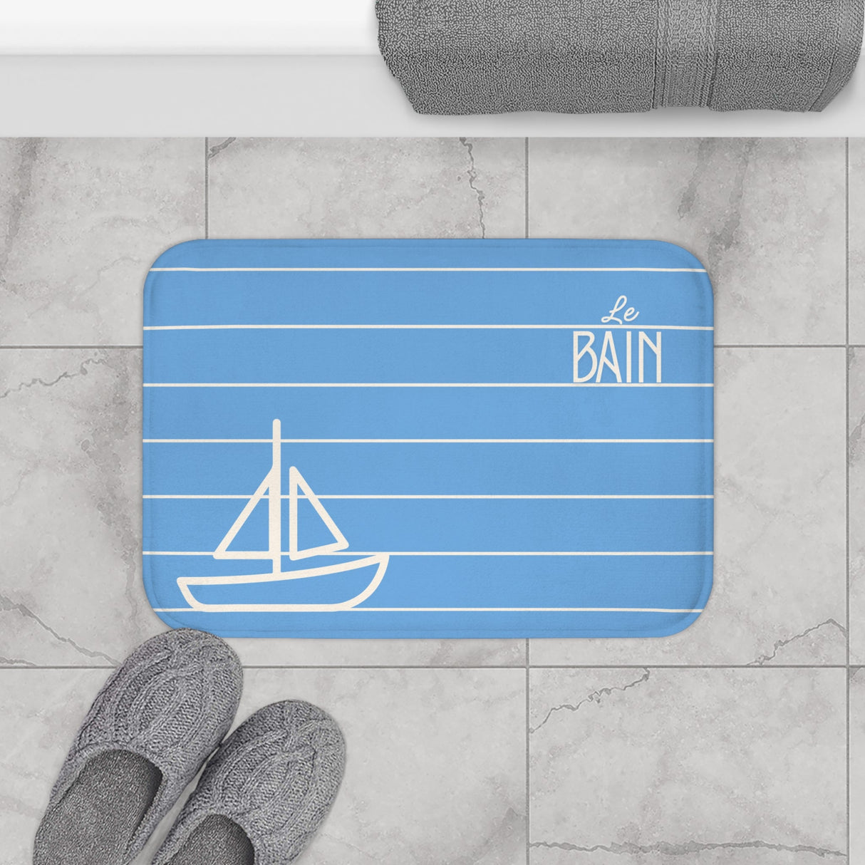 Nautical Baby Blue “Le Bain” Bath Mat