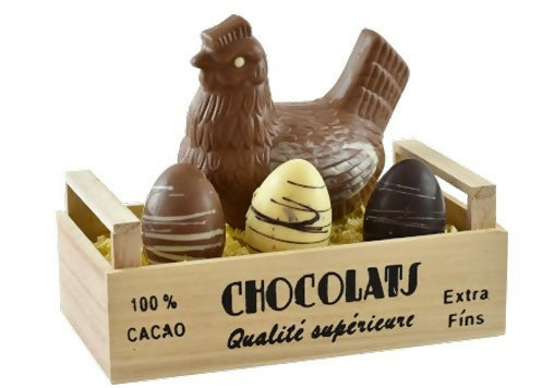 Le Chocolatier Sablais Dark or Milk Chocolate Hen and assorted eggs in wodden crate handpainted