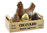 Le Chocolatier Sablais Dark or Milk Chocolate Hen and assorted eggs in wodden crate handpainted