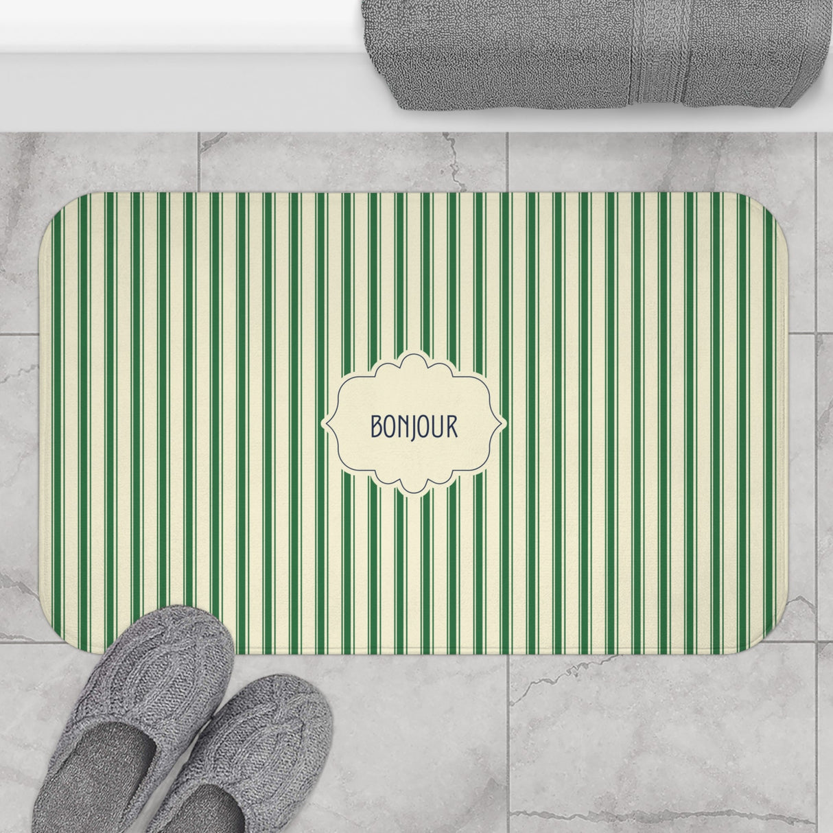 Bonjour GREEN Stripe Bath Mat — Vintage French Bathroom Rug