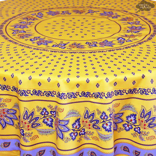 70" Round Lisa Yellow French Country Acrylic-Coated Cotton Tablecloth by Le Cluny