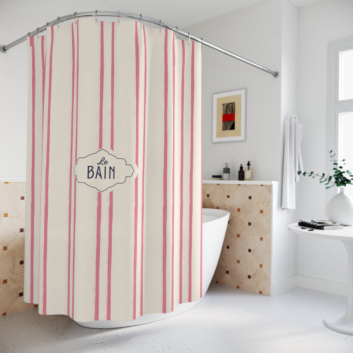 Shower Curtain — Pink Striped French 'Le Bain' Bathroom Decor