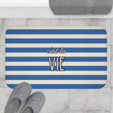 C'est la Vie Blue Striped Bath Mat — Nautical French Bathroom Rug